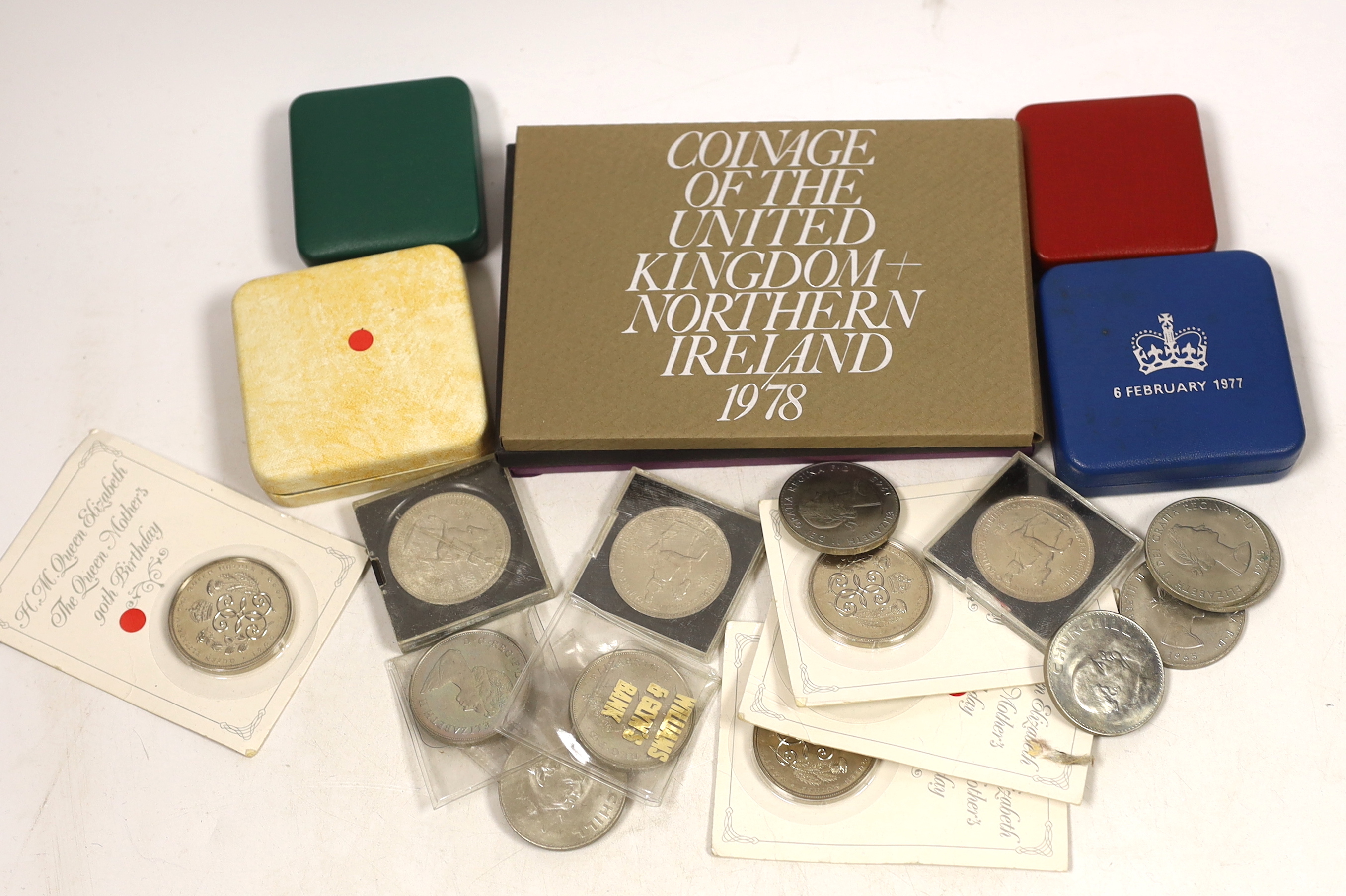 British QEII coins to include Royal Mint proof silver jubilee crown 1977, proof silver marriage of Prince of Wales and lady Diana coin, a 1983 proof silver £1 coin, a 1983 proof piedfort silver £1 coin, three cased year